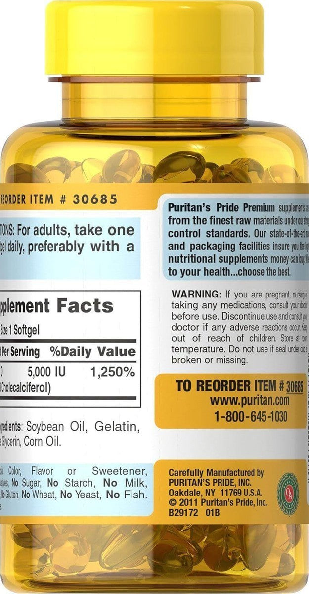 Vitamin D3 Mega Potency Puritans Pride 5000 Iu Immune Supplement 200 Softgels